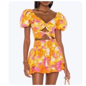 Agua Bendita Yellow and Pink Floral Mini Dress